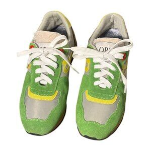 Vintage-Inspired OPP Green & Yellow Suede Running Shoes With White Laces